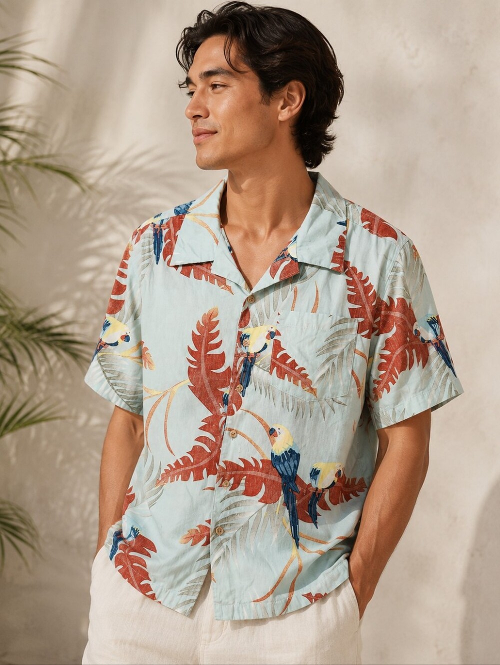Barefoot in Paradise Men's Aloha Hawaiian Parrot Button Down Shirt Medium